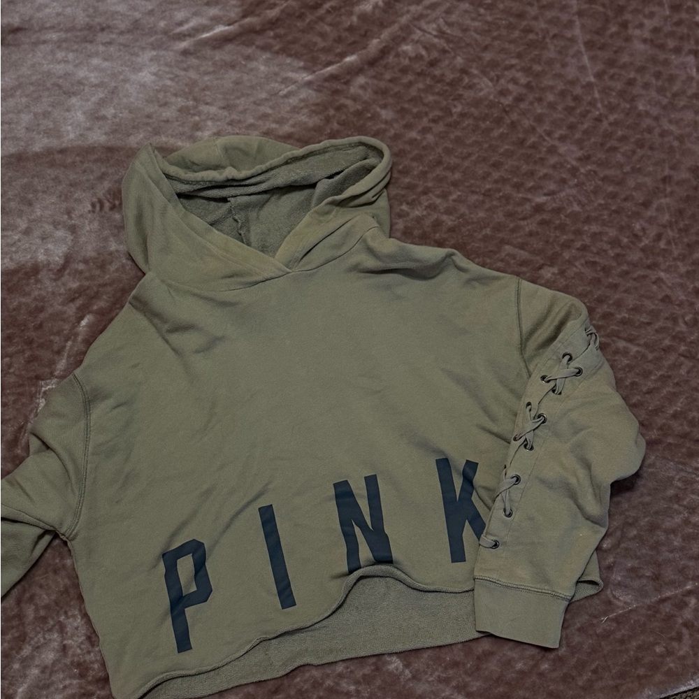 PINK Victoria's Secret Olive Hoodie with Black Lettering